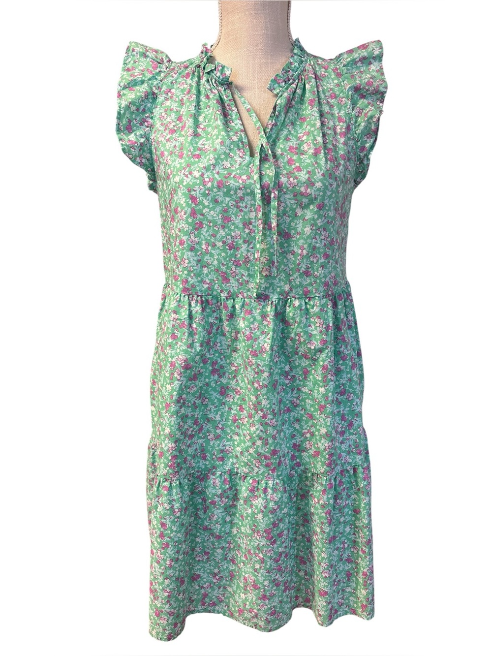 Time and Tru Mint Green Floral Ruffle-Sleeve Mini Dress Sz/8-10 NWT - Picture 3 of 9